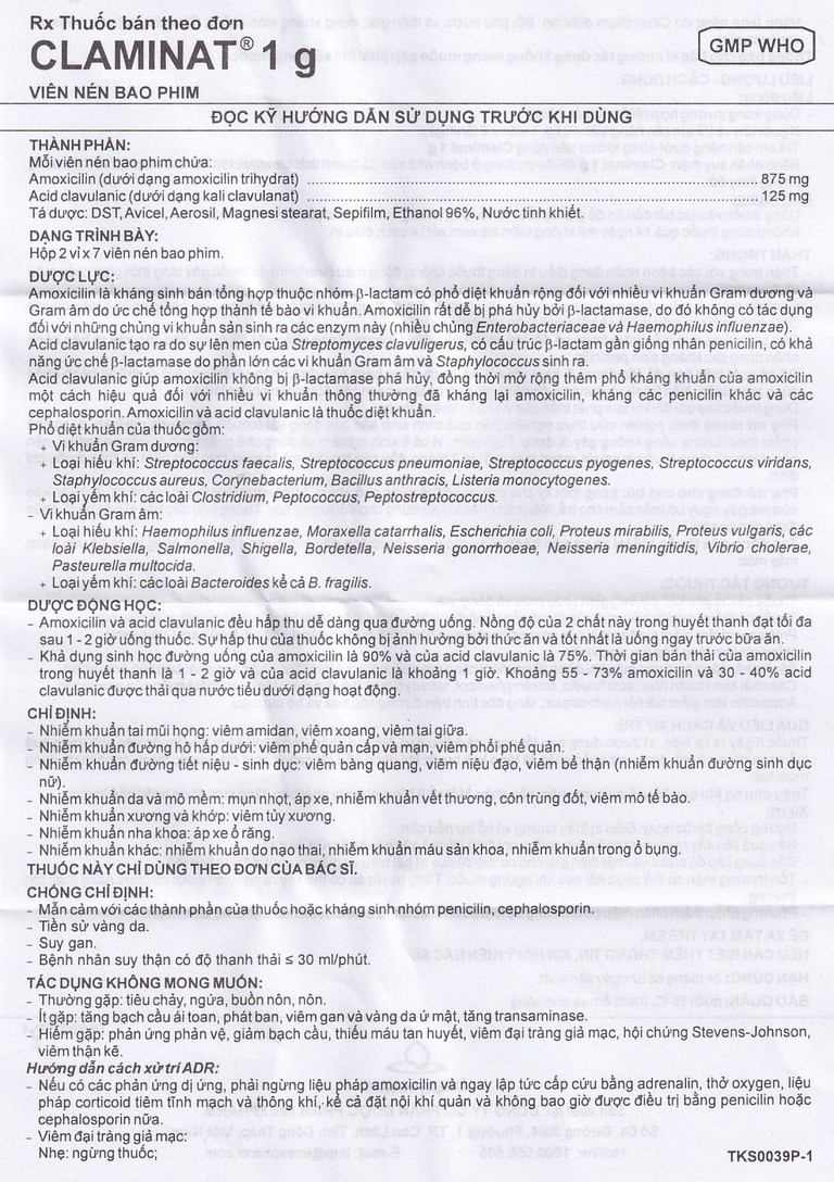 Thuốc Claminat 1g Imexpharm điều trị nhiễm khuẩn (2 vỉ x 7 viên)