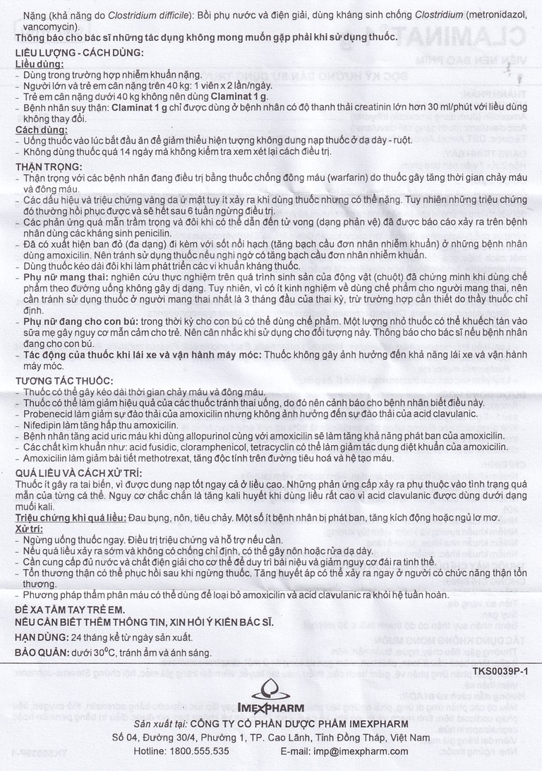 Thuốc Claminat 1g Imexpharm điều trị nhiễm khuẩn (2 vỉ x 7 viên)