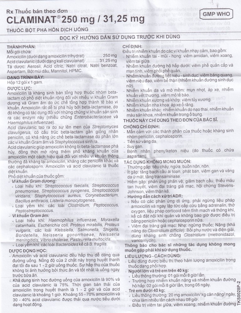 Thuốc Claminat IMP 250/31.25 điều trị nhiễm khuẩn (12 gói) 