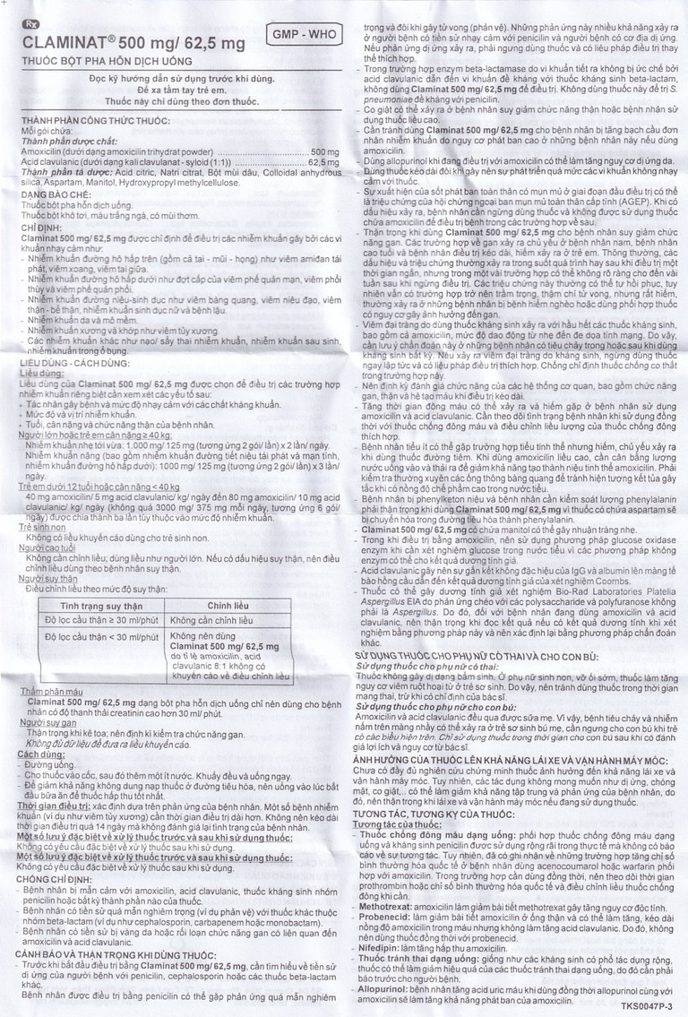 Thuốc bột pha hỗn dịch uống Claminat IMP 500mg/62.5mg điều trị nhiễm khuẩn (12 gói) 