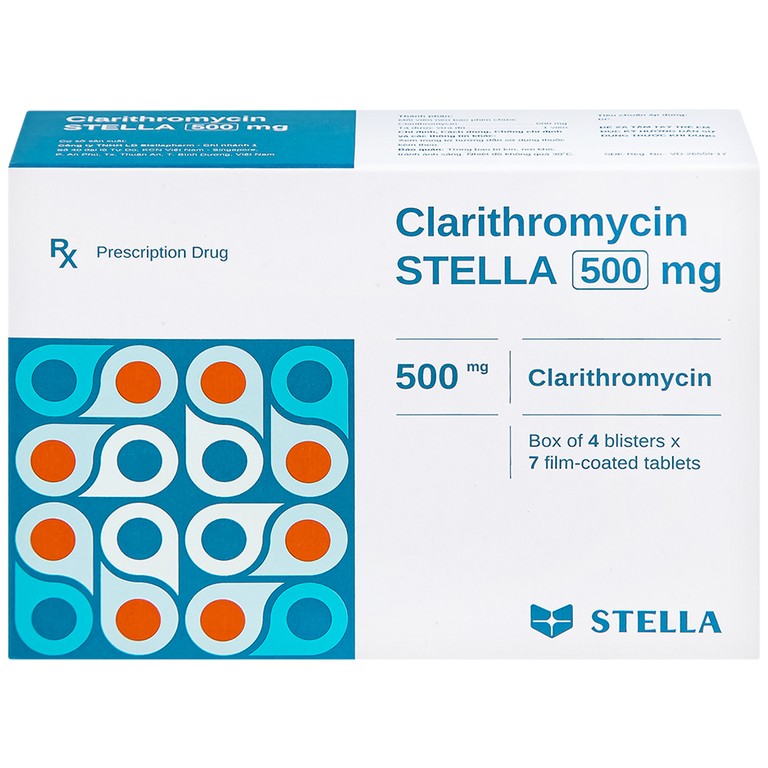 Thuốc Clarithromycin Stella 500mg điều trị nhiễm trùng (4 vỉ x 7 viên)
