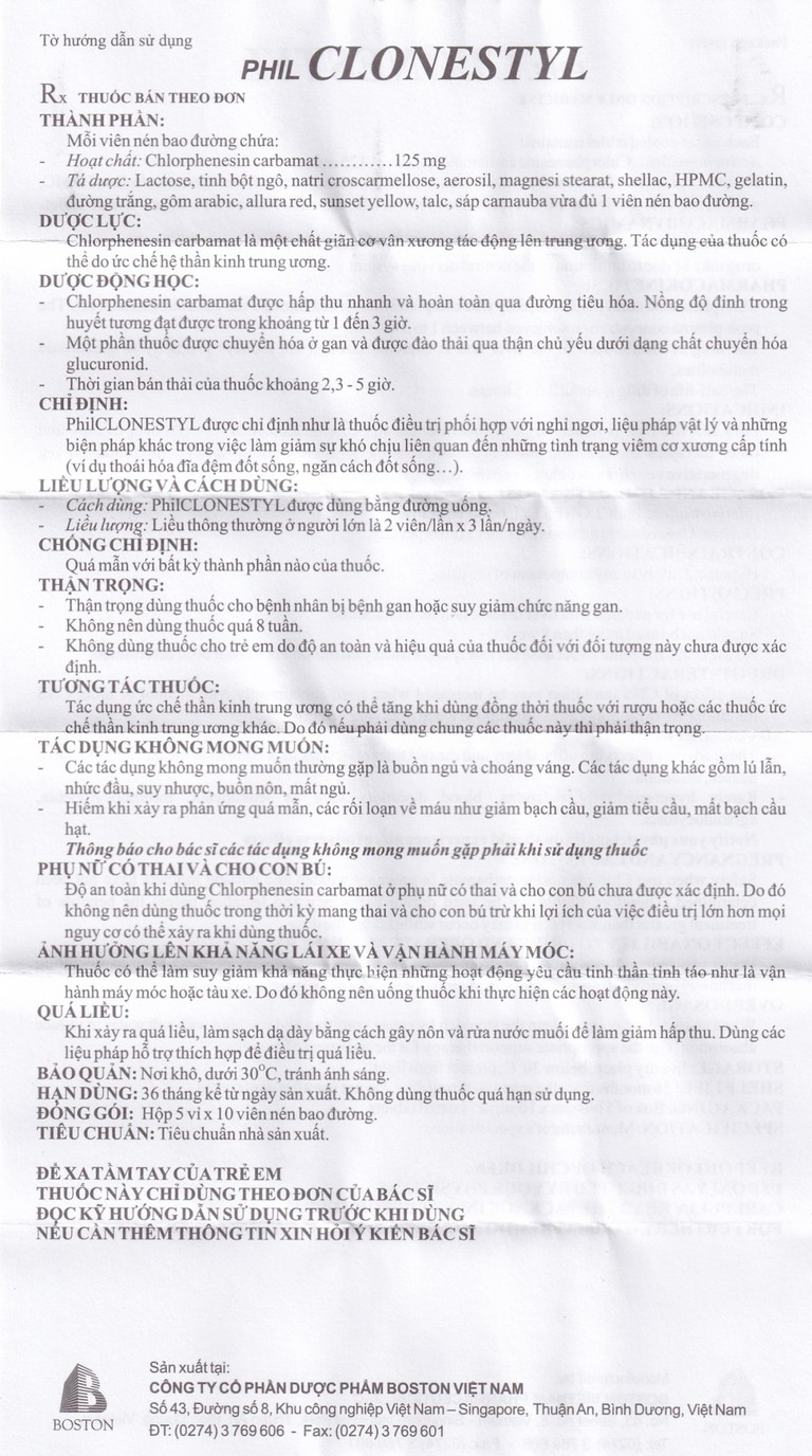 Viên nén Philclonestyl 125mg Boston điều trị triệu chứng các cơn co thắt cơ (5 vỉ x 10 viên)	