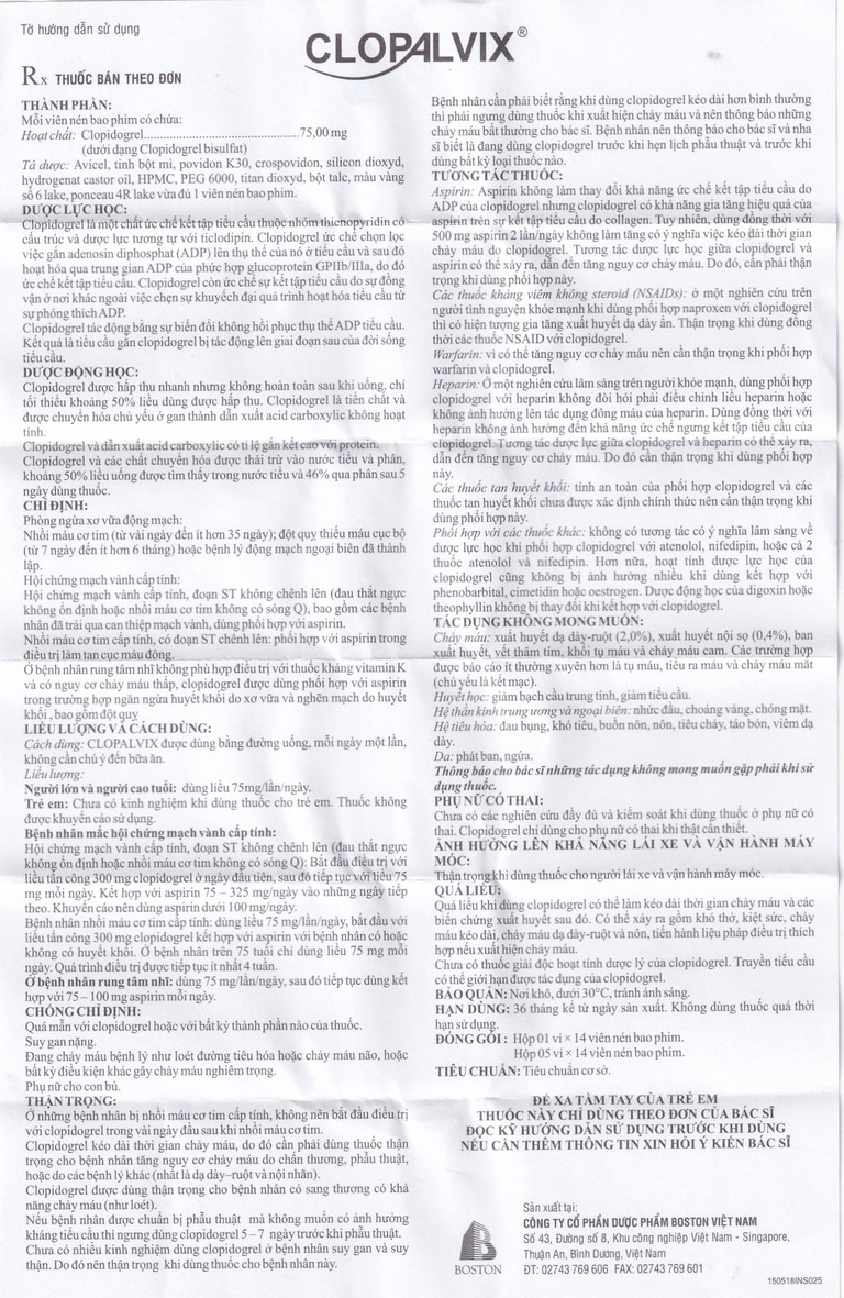 Thuốc Clopalvix 75mg Boston phòng ngừa xơ vữa động mạch, nhồi máu cơ tim (5 vỉ x 14 viên)