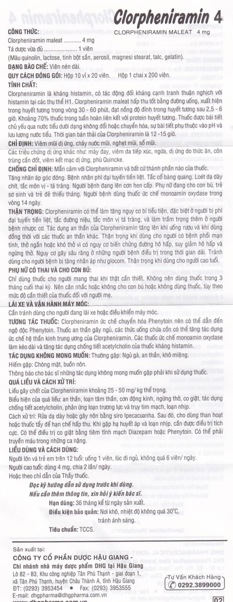 Thuốc Clorpheniramin 4 DHG điều trị viêm mũi dị ứng, chảy nước mũi (10 vỉ x 20 viên)