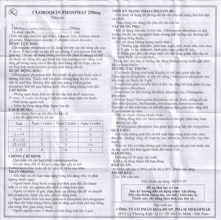 Thuốc Cloroquin Phosphat 250mg Mekophar phòng ngừa hoặc điều trị sốt rét cấp tính (200 viên)