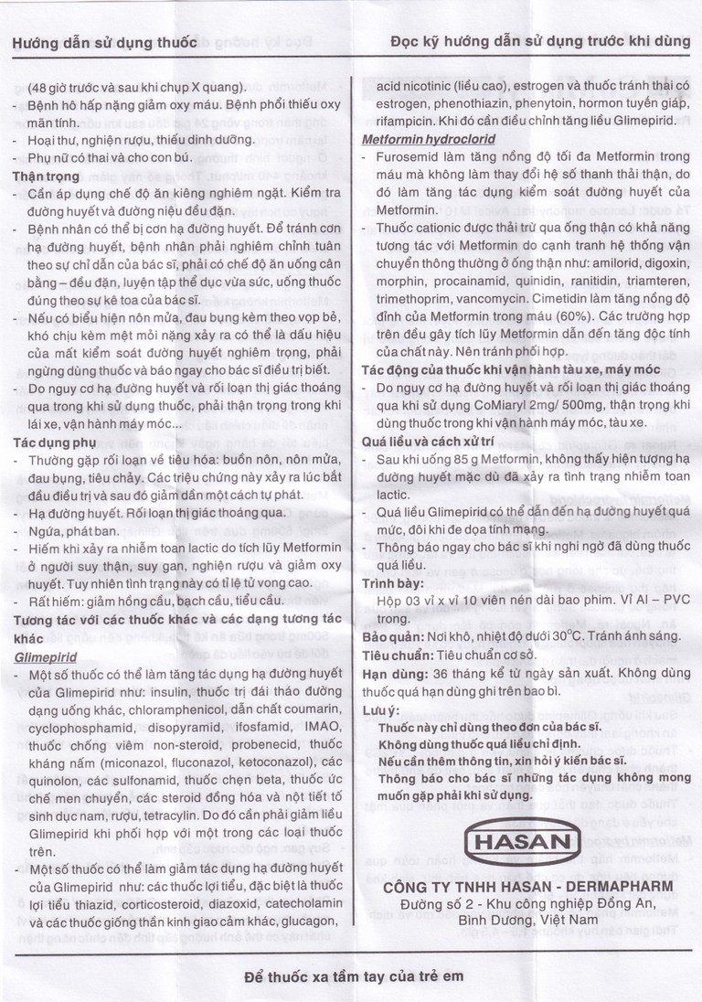 Thuốc CoMiaryl 2mg/500mg Hasan điều trị đái tháo đường típ 2 (3 vỉ x 10 viên)