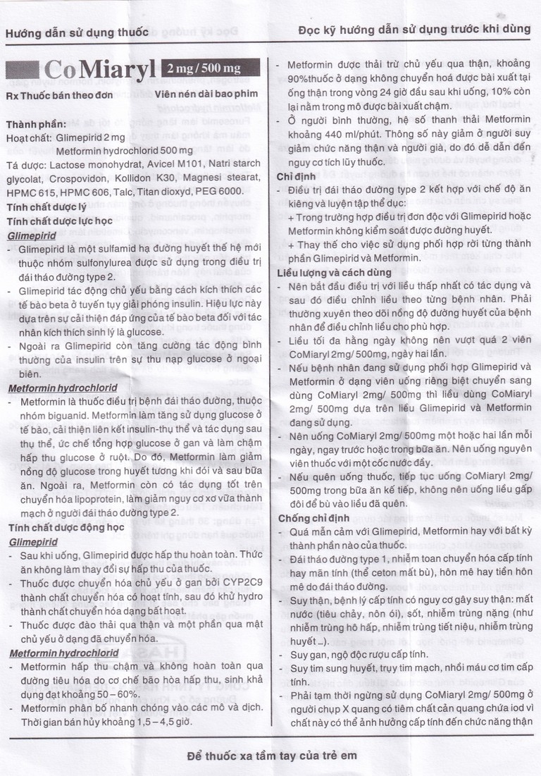 Thuốc CoMiaryl 2mg/500mg Hasan điều trị đái tháo đường típ 2 (3 vỉ x 10 viên)