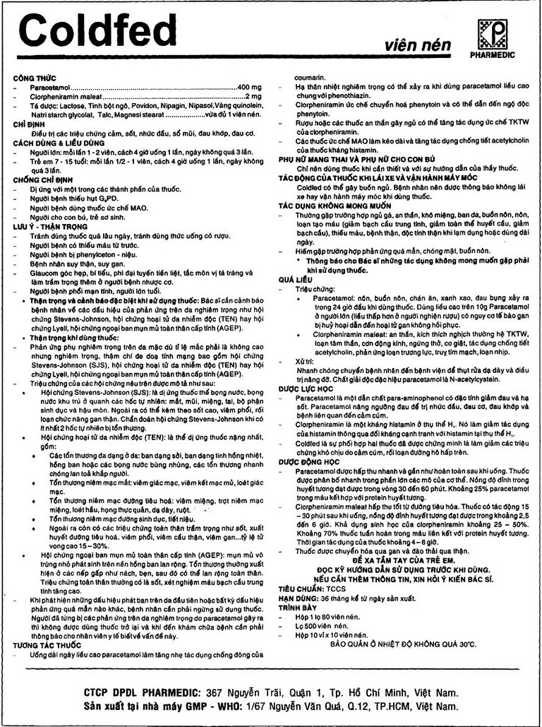 Thuốc Coldfed điều trị triệu chứng cảm, sốt, nhức đầu, sổ mũi, đau khớp (10 vỉ x 10 viên)