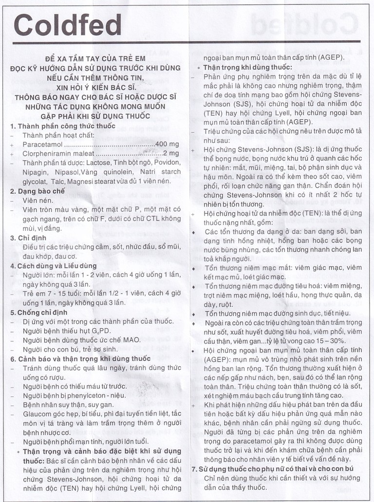 Thuốc Coldfed điều trị triệu chứng cảm, sốt, nhức đầu, sổ mũi, đau khớp, đau cơ (80 viên)