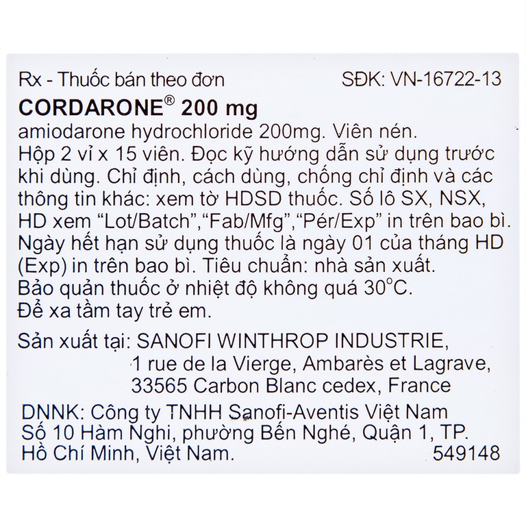 Thuốc Cordarone 200mg Sanofi phòng ngừa và điều trị một số dạng rối loạn nhịp tim (30 viên)