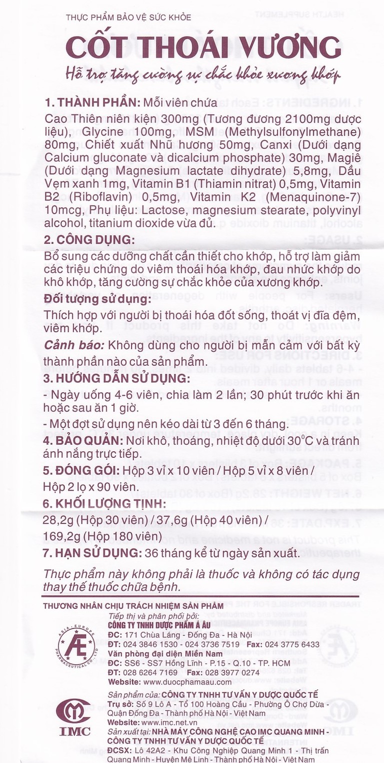 Viên uống Cốt Thoái Vương Á Âu hỗ trợ giảm triệu chứng viêm thoái hóa khớp (3 vỉ x 10 viên)