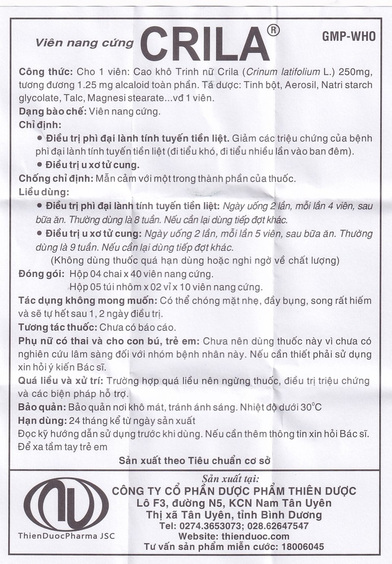 Thuốc Crila Thiên Dược điều trị phì đại lành tính tuyến tiền liệt, u xơ tử cung (4 chai x 40 viên)