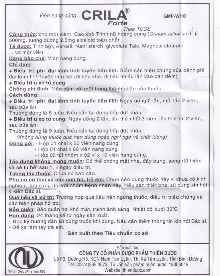 Thuốc Crila Forte Thiên Dược điều trị phì đại lành tính tuyến tiền liệt, u xơ tử cung (20 viên)