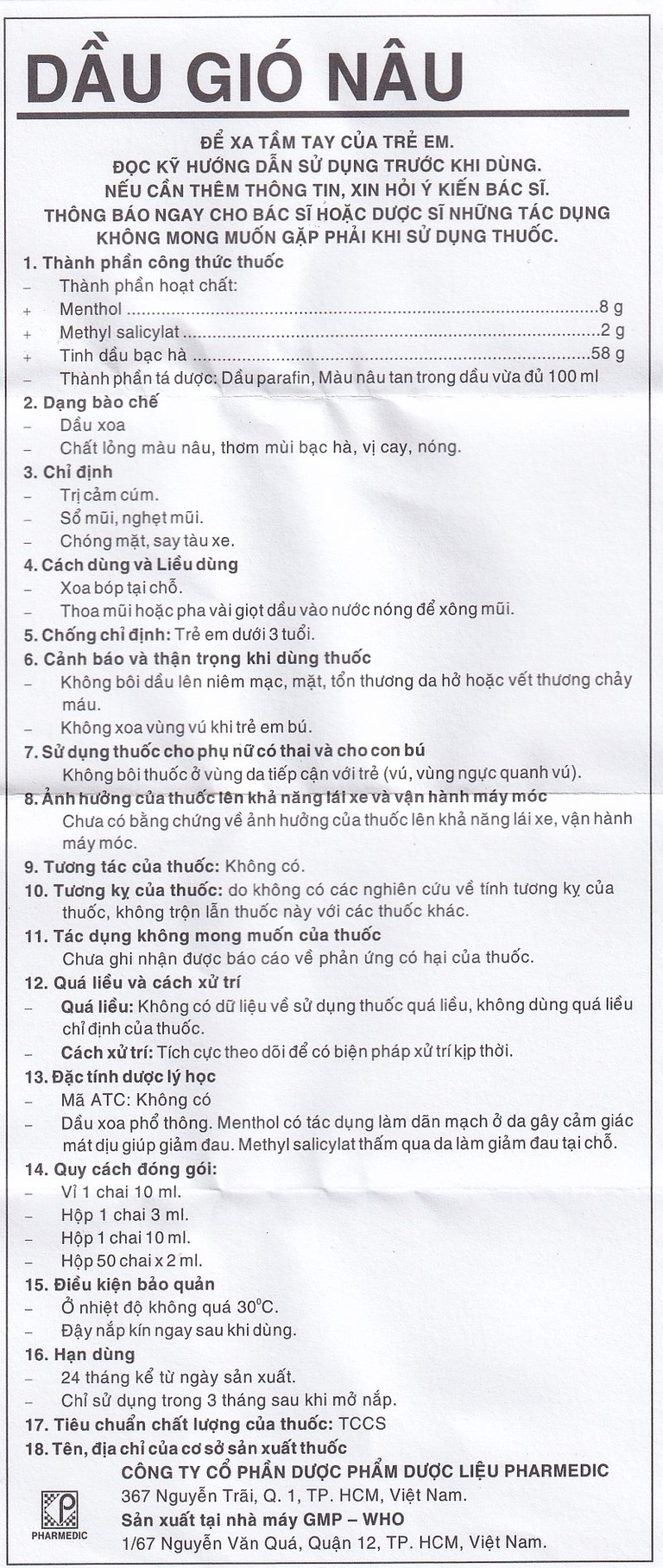 Dầu gió Nâu Pharmedic điều trị cảm cúm, sổ mũi, nghẹt mũi (10ml)