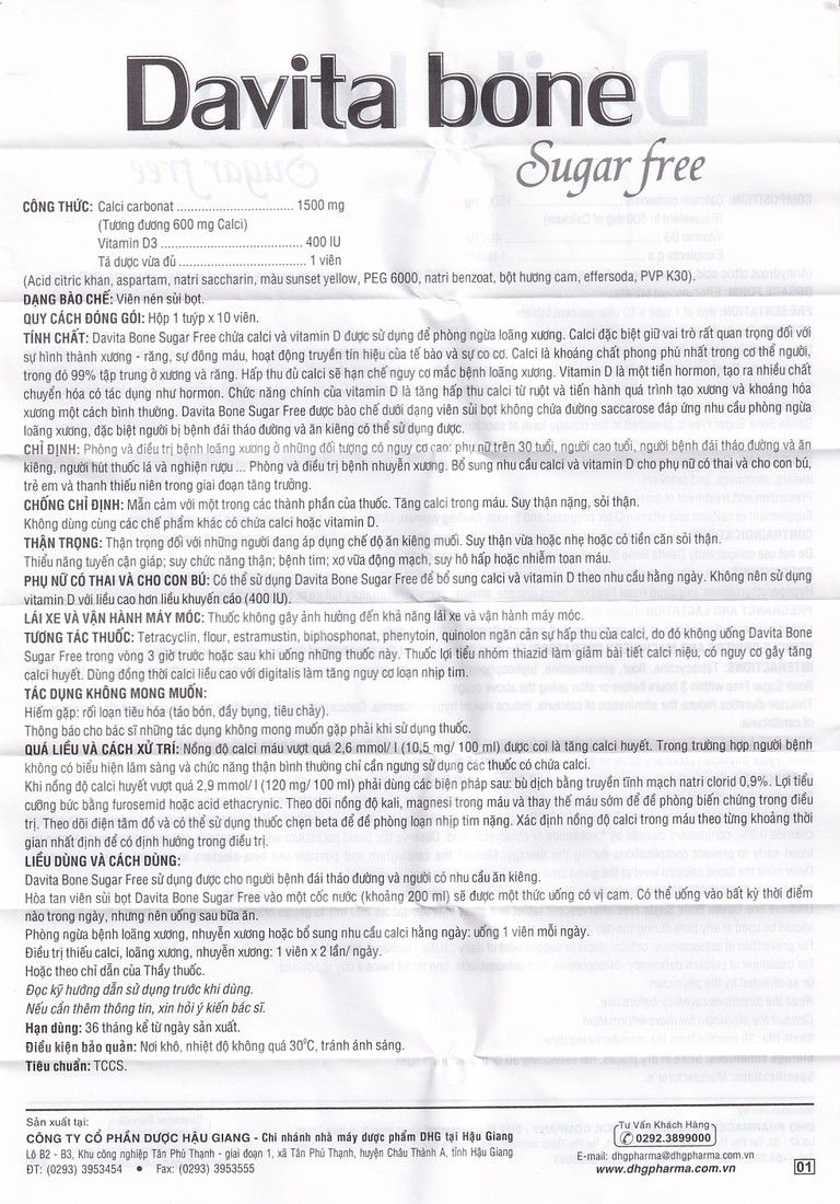 Viên sủi Davita Bone Sugar Free DHG phòng ngừa và điều trị loãng xương (10 viên)