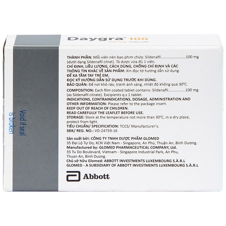 Thuốc Daygra 100 Abbott điều trị rối loạn cương dương (1 vỉ x 4 viên)