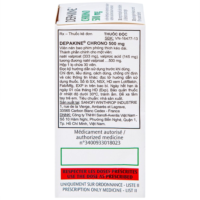 Thuốc Depakine Chrono 500mg Sanofi điều trị động kinh (30 viên)