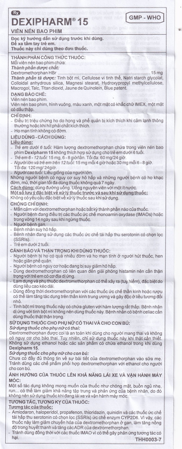 Thuốc Dexipharm 15mg Imexpharm điều trị triệu chứng ho (10 vỉ x 10 viên)