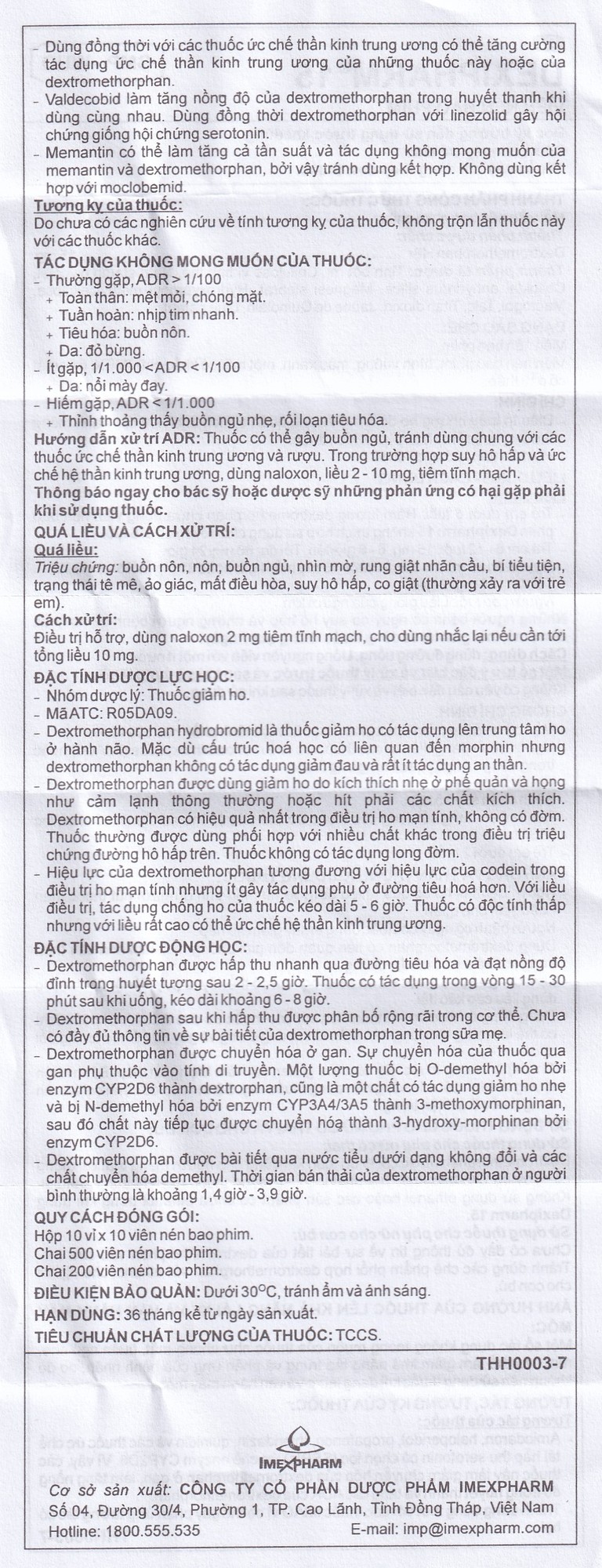 Thuốc Dexipharm 15mg Imexpharm điều trị triệu chứng ho (10 vỉ x 10 viên)