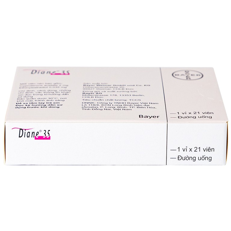Thuốc Diane 35 Bayer điều trị mụn trứng cá mức độ vừa đến nặng và tác dụng tránh thai hormon (1 vỉ x 21 viên)