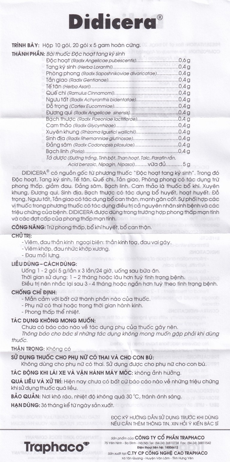 Thuốc Didicera trừ phong thấp, bổ khí huyết, bổ can thận (10 gói x 5g)
