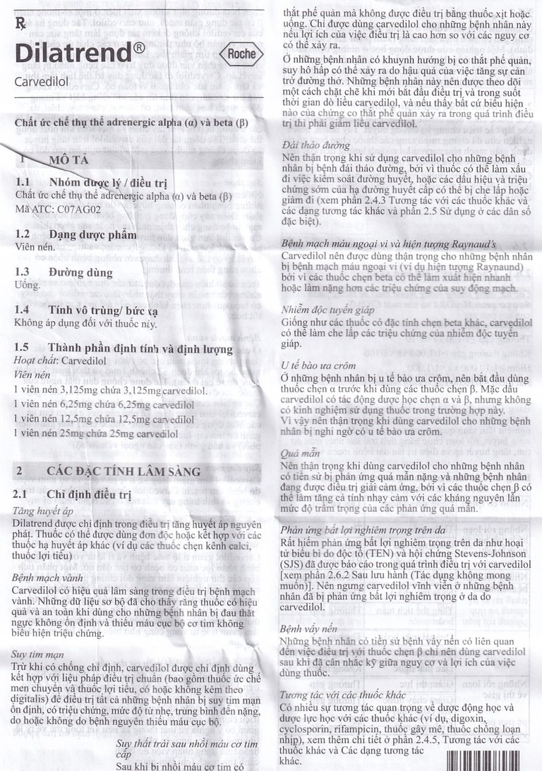 Thuốc Dilatrend Roche điều trị tăng huyết áp, bệnh mạch vành, suy tim mạn, suy thất trái (3 vỉ x 10 viên)