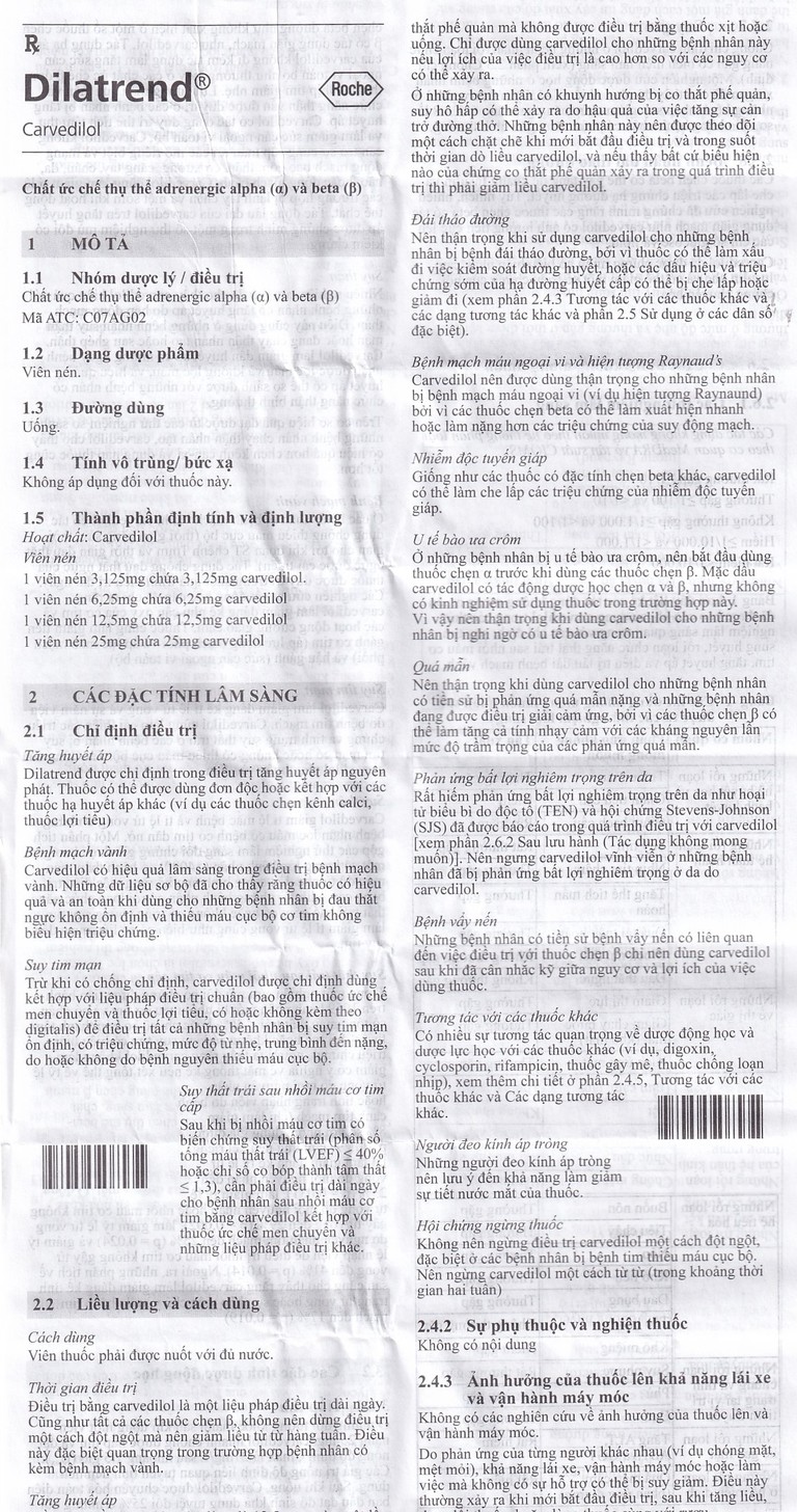 Thuốc Dilatrend 6.25mg Roche điều trị tăng huyết áp, bệnh mạch vành, suy tim mạn (3 vỉ x 10 viên)
