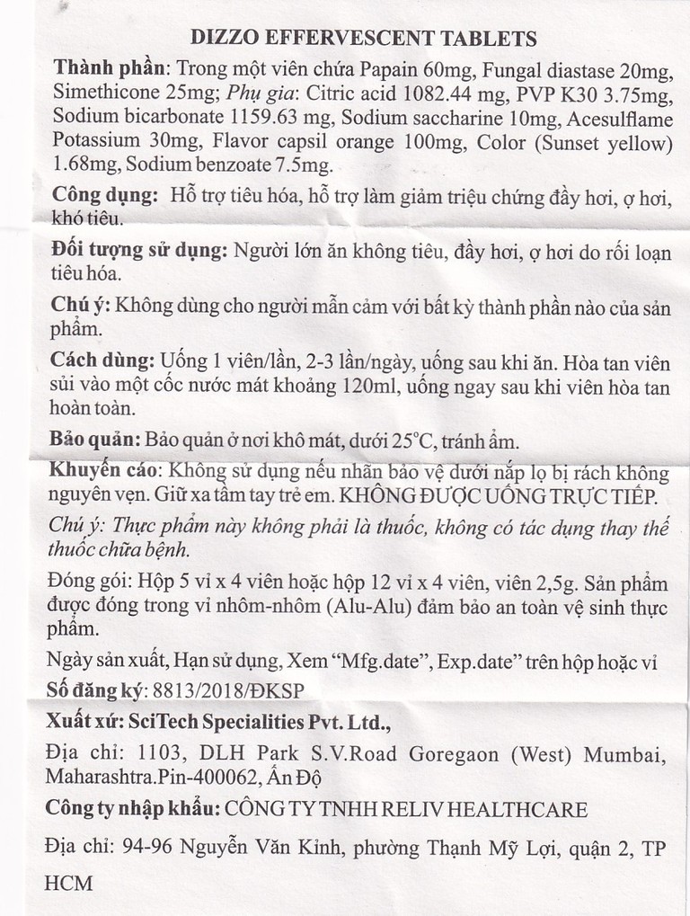 Viên sủi Dizzo Reliv hỗ trợ tiêu hóa, giảm triệu chứng đầy hơi, ợ hơi, khó tiêu (12 vỉ x 4 viên)