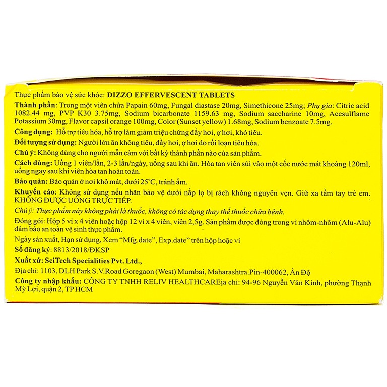 Viên sủi Dizzo Reliv hỗ trợ tiêu hóa, giảm triệu chứng đầy hơi, ợ hơi, khó tiêu (12 vỉ x 4 viên)