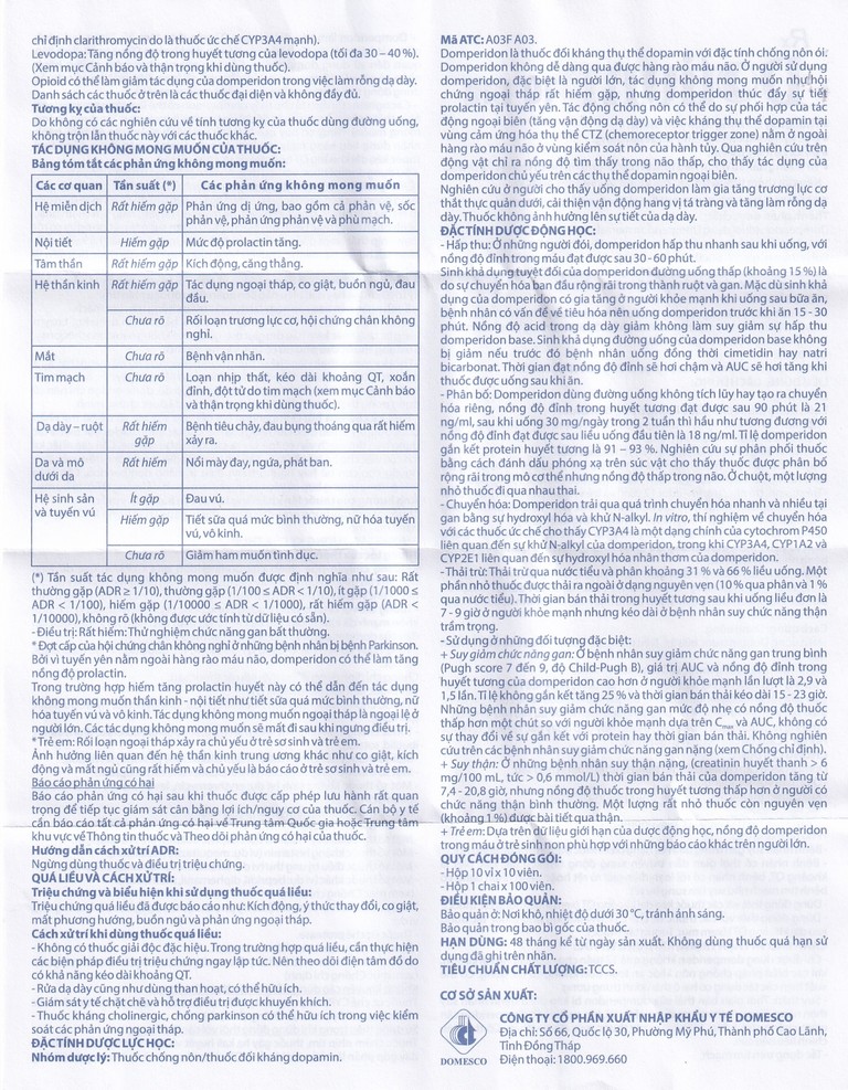Thuốc Dotium Domesco điều trị triệu chứng nôn, buồn nôn (10 vỉ x 10 viên)