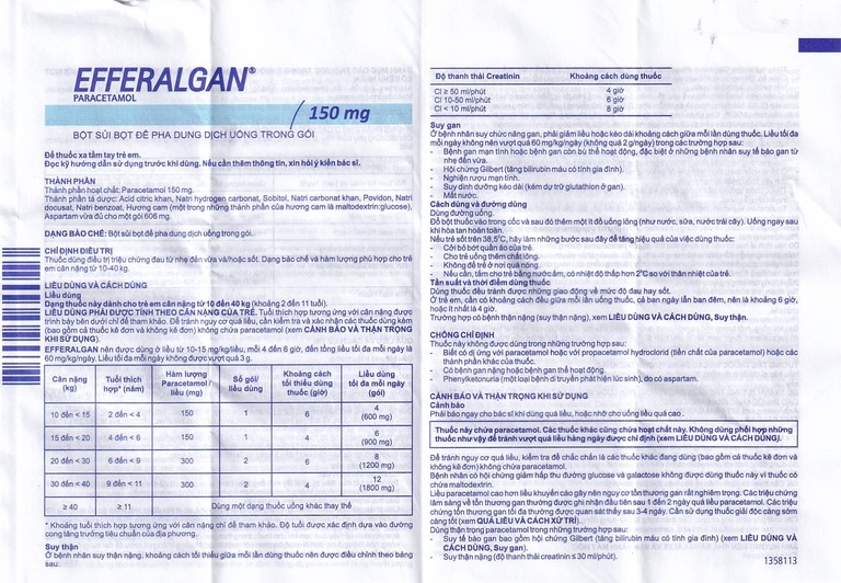 Bột sủi Efferalgan 150mg UPSA SAS giảm đau, hạ sốt (12 gói)