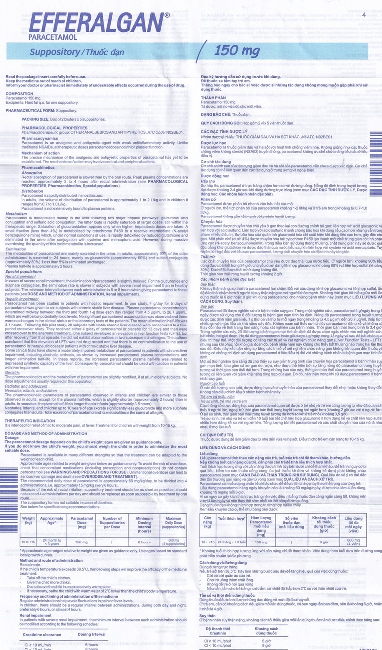 Thuốc đặt trực tràng Efferalgan 150mg UPSA SAS giảm đau, hạ sốt (2 vỉ x 5 viên)