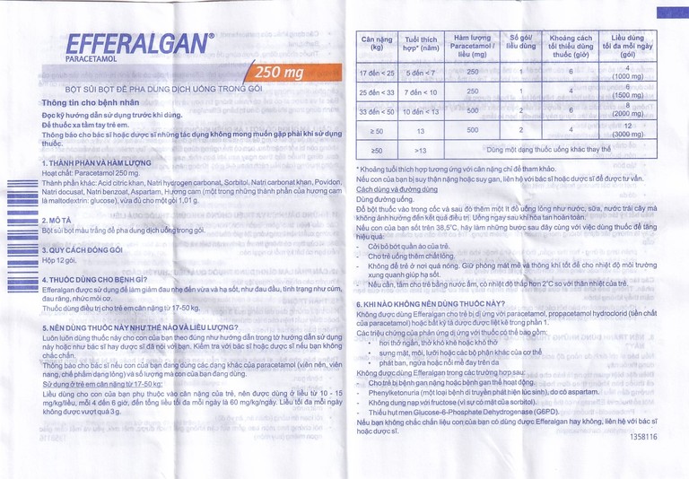 Bột sủi Efferalgan 250mg UPSA SAS giảm đau, hạ sốt (12 gói)