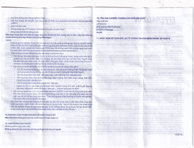 Bột sủi Efferalgan 250mg UPSA SAS giảm đau, hạ sốt (12 gói)