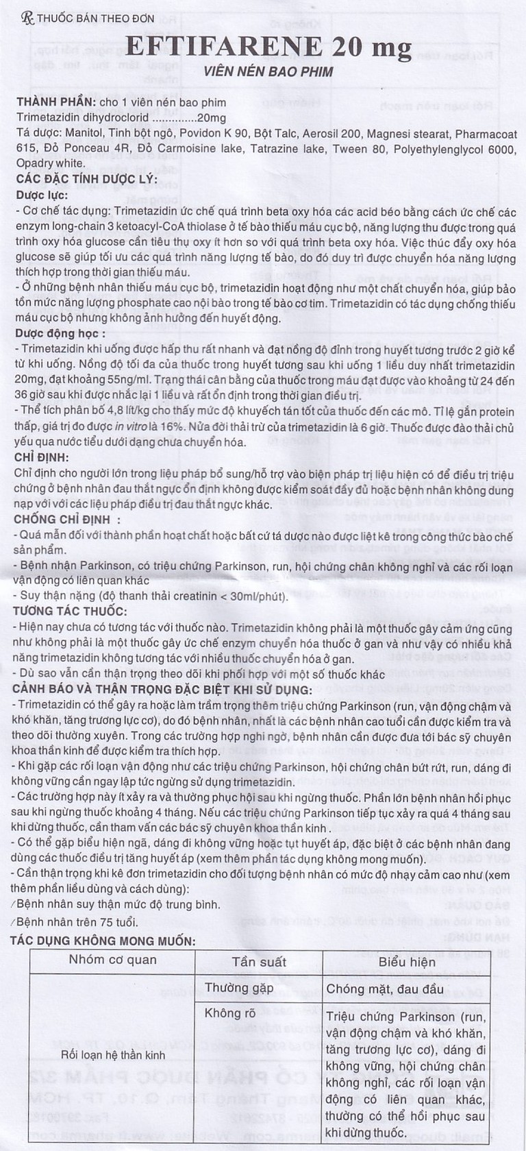 Thuốc Eftifarene Dược 3-2 hỗ trợ điều trị đau thắt ngực ổn định (2 vỉ x 30 viên)