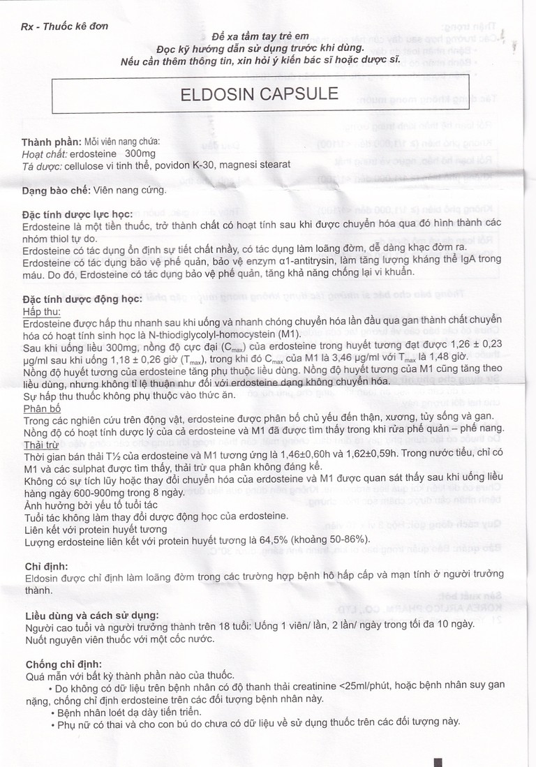 Thuốc Eldosin Capsule Arlico loãng đờm trong bệnh hô hấp cấp và mạn tính (3 vỉ x 10 viên)