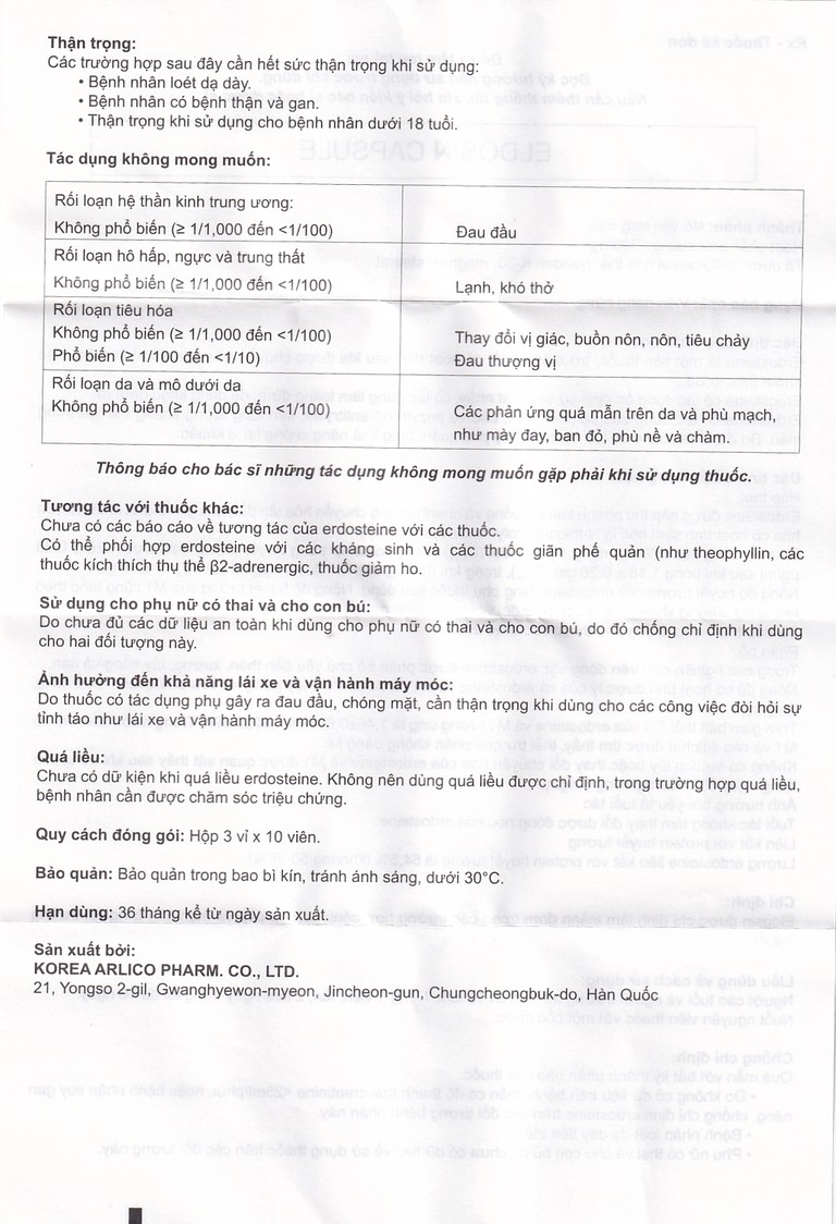 Thuốc Eldosin Capsule Arlico loãng đờm trong bệnh hô hấp cấp và mạn tính (3 vỉ x 10 viên)