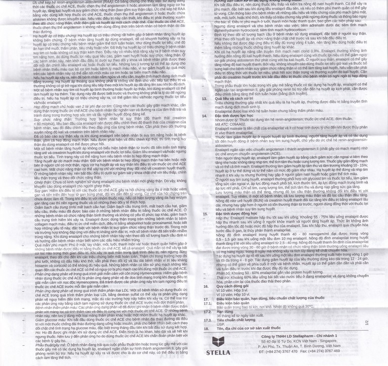 Thuốc Enalapril Stella 5mg điều trị tăng huyết áp, suy tim sung huyết (3 vỉ x 10 viên)