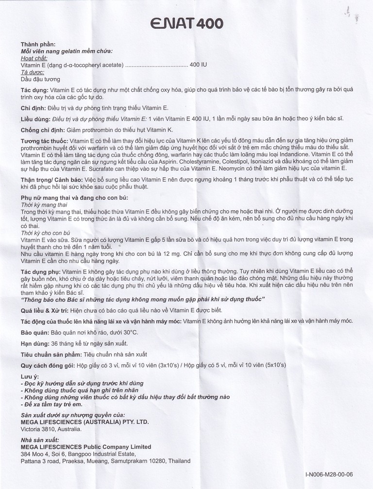 Thuốc Enat 400 MEGA We care điều trị và dự phòng tình trạng thiếu Vitamin E (3 vỉ x 10 viên)