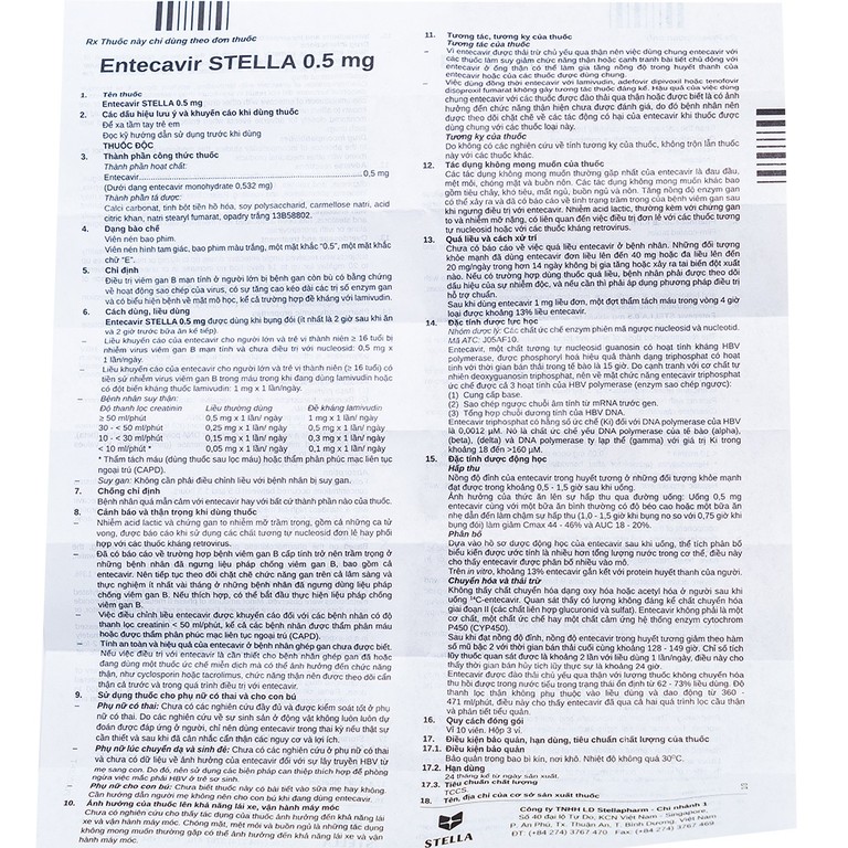 Thuốc Entecavir Stella 0.5mg điều trị viêm gan B mạn tính (3 vỉ x 10 viên)