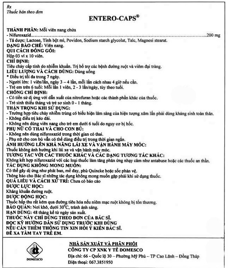 Thuốc Entero-Caps 200mg Domesco điều trị tiêu chảy cấp tính do nhiễm khuẩn (3 vỉ x 10 viên)