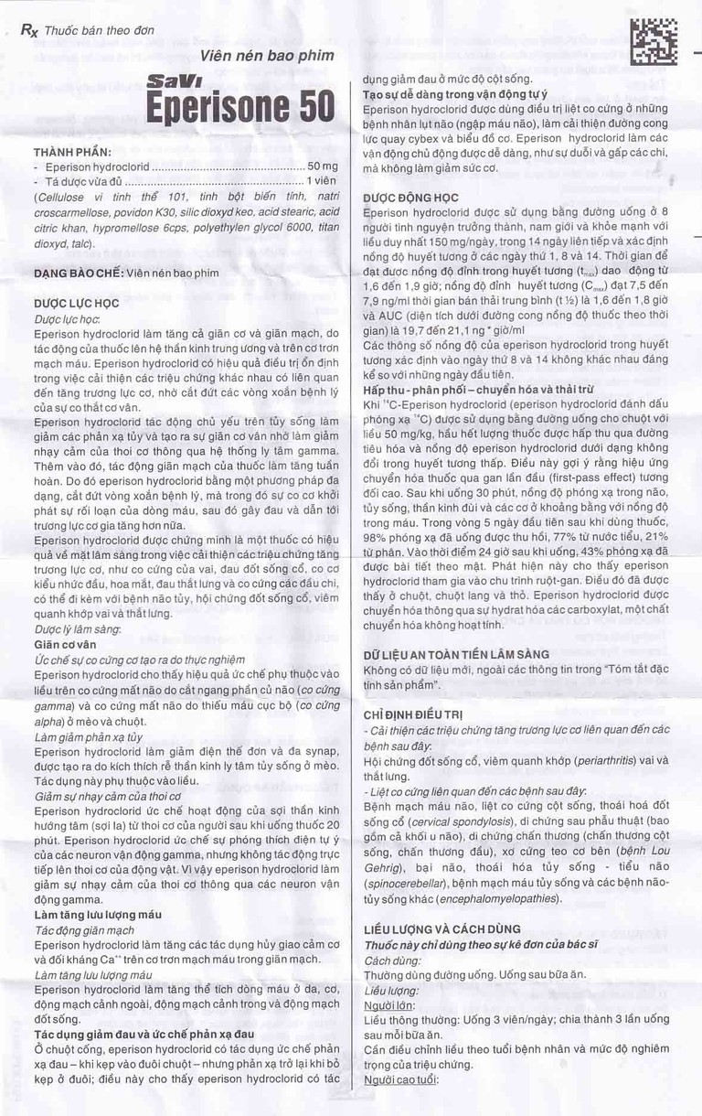 Thuốc Eperisone 50 cải thiện các triệu chứng tăng trương lực cơ (5 vỉ x 10 viên)