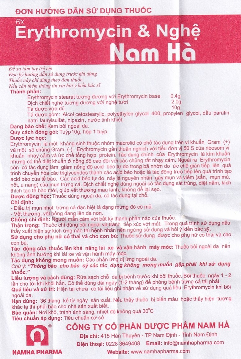 Kem bôi da Erythromycin & Nghệ Nam Hà điều trị mụn nhọt, trứng cá (10g)