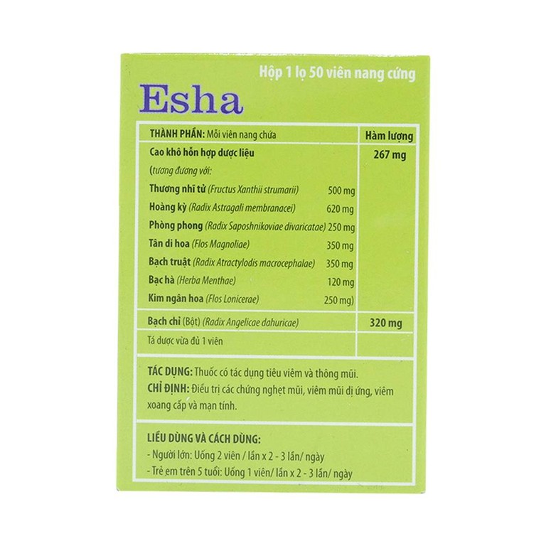 Thuốc Esha điều trị chứng nghẹt mũi, viêm mũi dị ứng, viêm xoang cấp và mạn tính (50 viên)