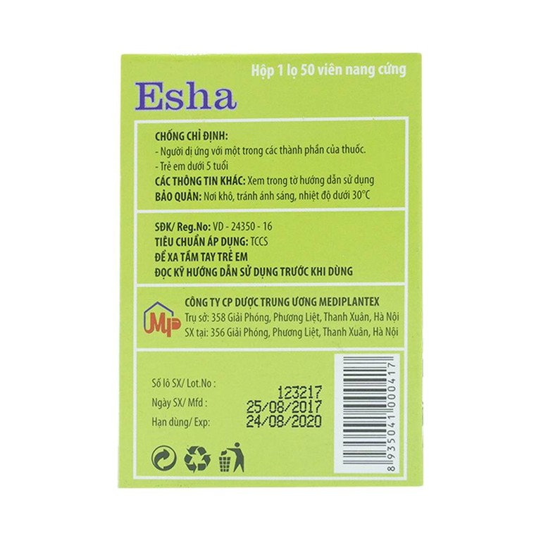 Thuốc Esha điều trị chứng nghẹt mũi, viêm mũi dị ứng, viêm xoang cấp và mạn tính (50 viên)