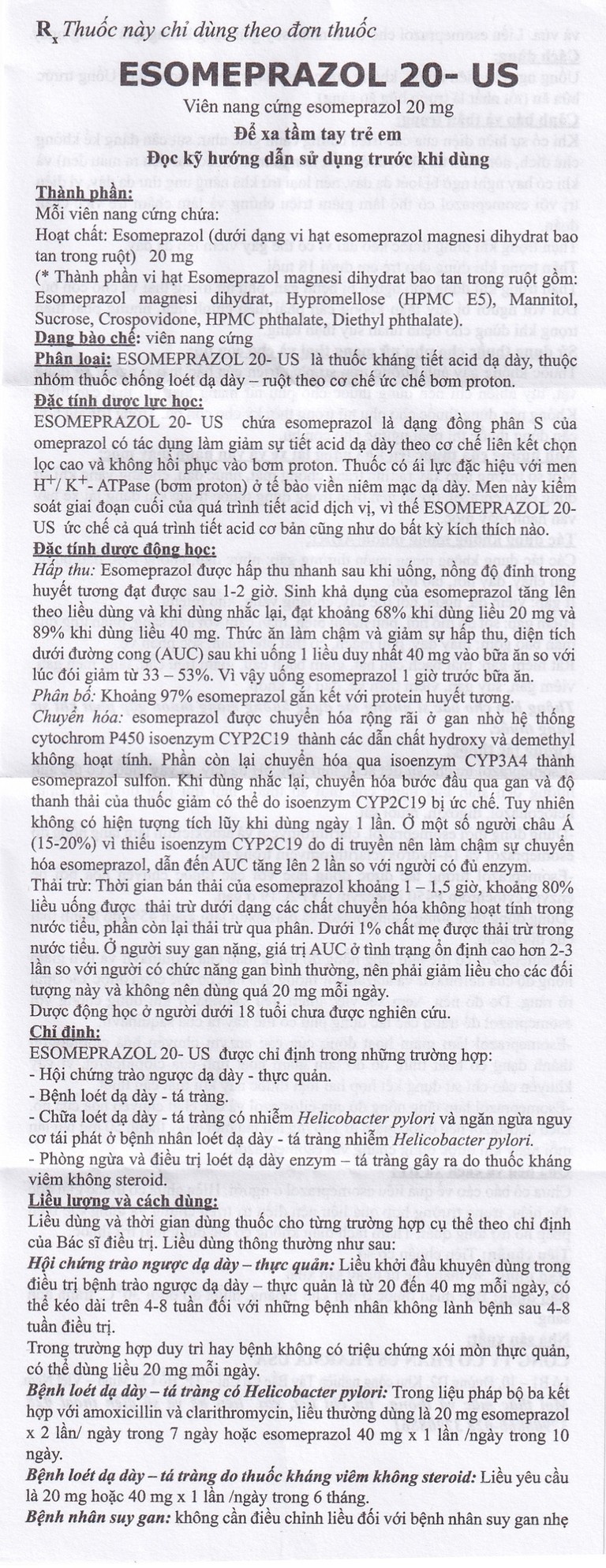 Thuốc Esomeprazol 20-US điều trị trào ngược dạ dày (3 vỉ x 10 viên)