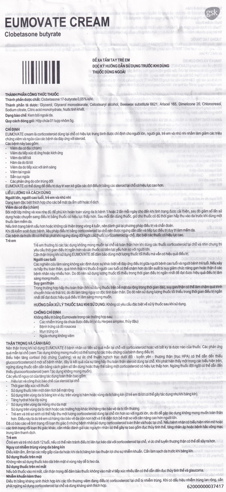 Kem Eumovate Cream GSK giảm các triệu chứng viêm và ngứa các bệnh về da (5g)