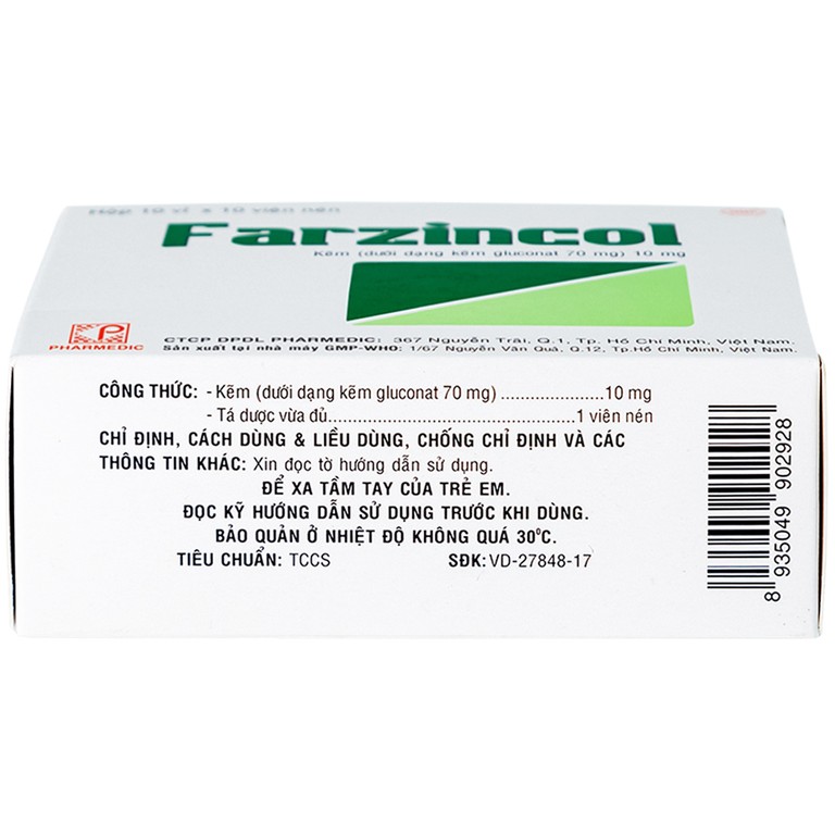 Thuốc Farzincol Pharmedic điều trị thiếu kẽm (10 vỉ x 10 viên)