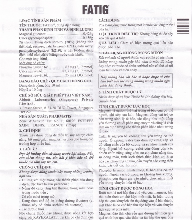 Dung dịch uống Fatig Abbott hỗ trợ điều trị suy nhược chức năng, bổ sung khoáng chất (2 vỉ x 10 ống)