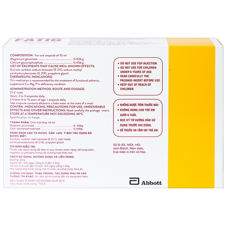 Dung dịch uống Fatig Abbott hỗ trợ điều trị suy nhược chức năng, bổ sung khoáng chất (2 vỉ x 10 ống)